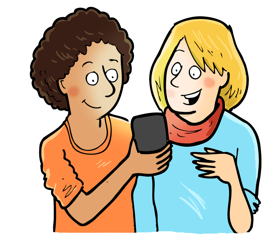 Kim und Tilda schauen gemeinsam auf das Smartphone.