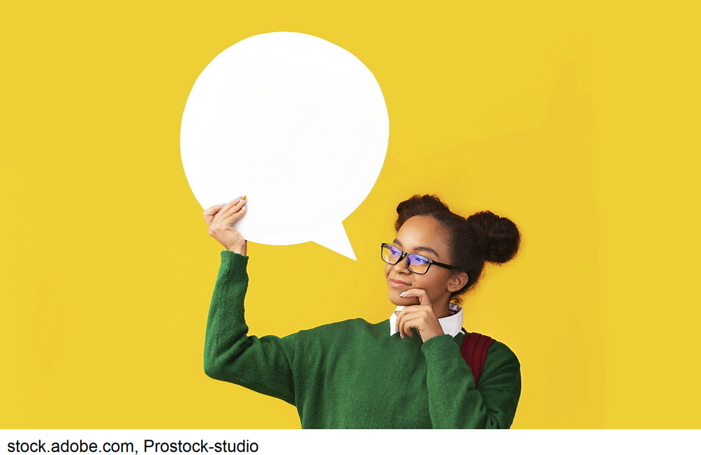 a woman with a speech bubble